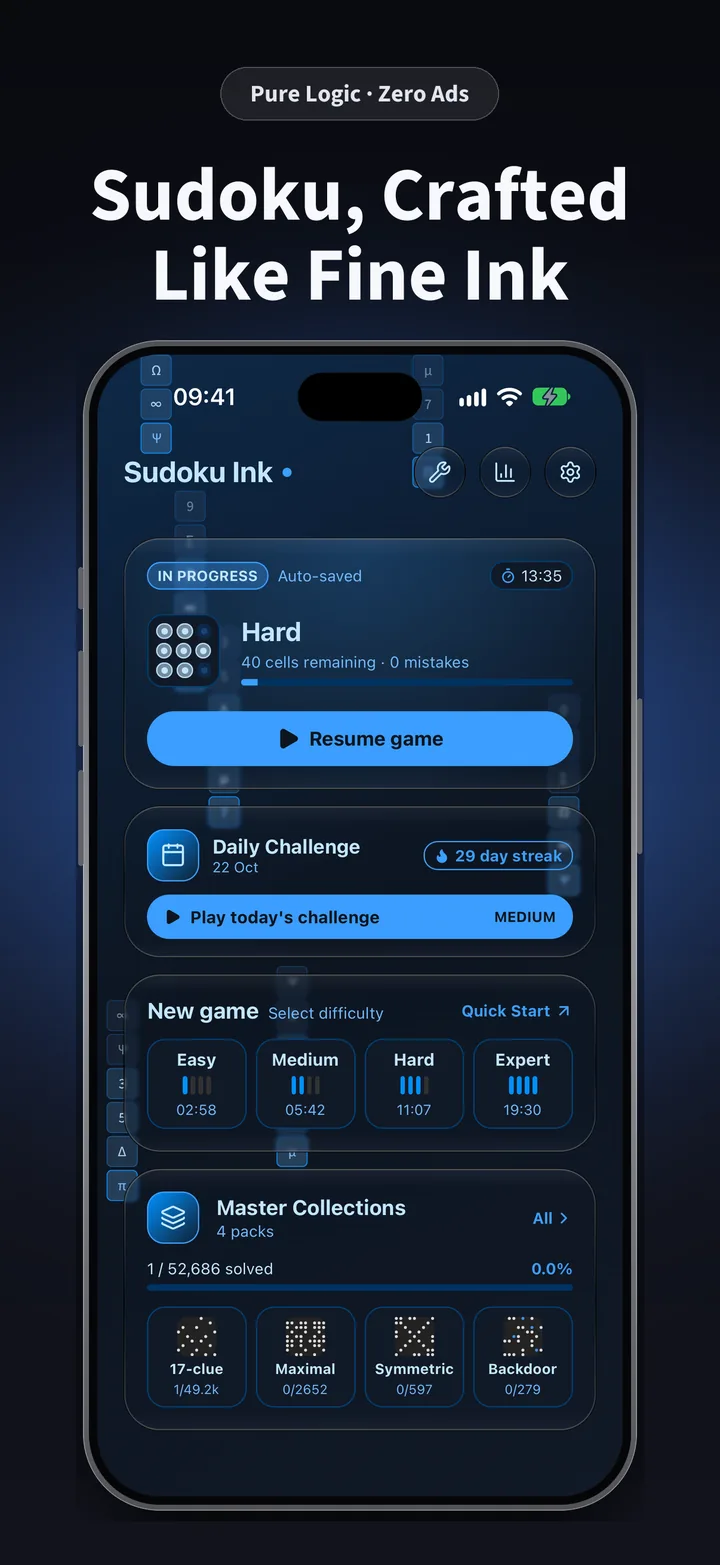 Sudoku, crafted like fine ink: the home screen