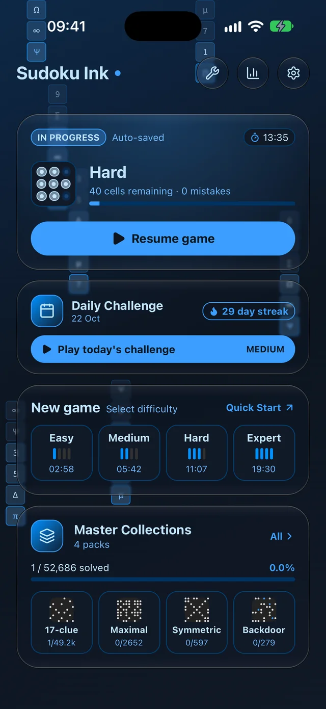 Sudoku Ink home screen with Continue, New game and Daily buttons